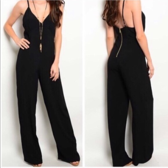 Pants - Black crepe wide leg jumpsuit